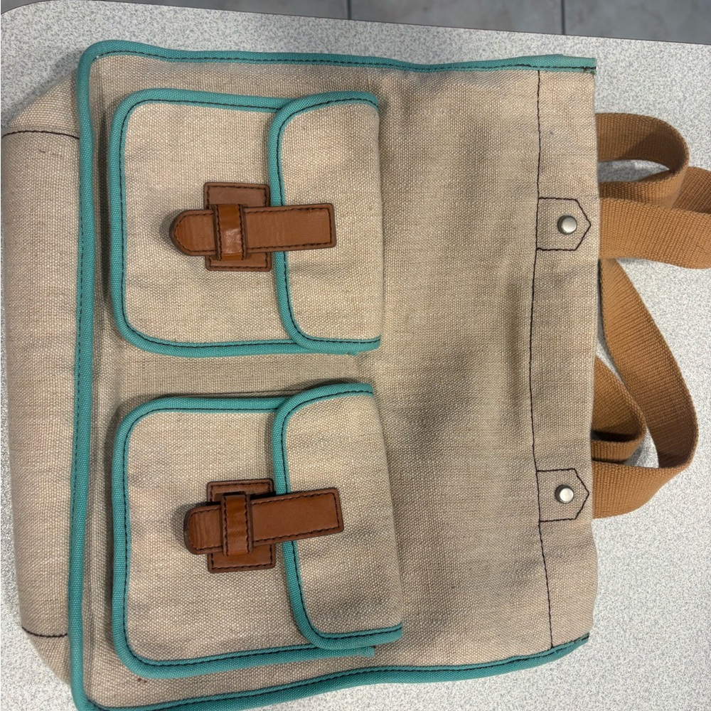Fossil Canvas Tote Bag with Turquoise Trim and Tan Accents